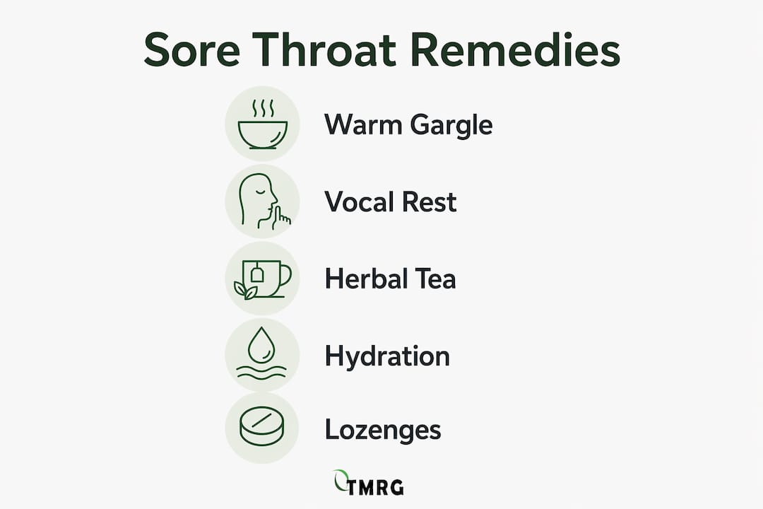 Infographic illustrating key sore throat remedies steps