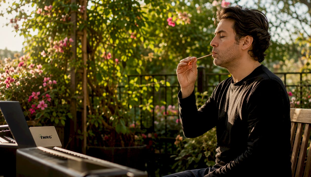 Male singer practicing vocal straw exercise
