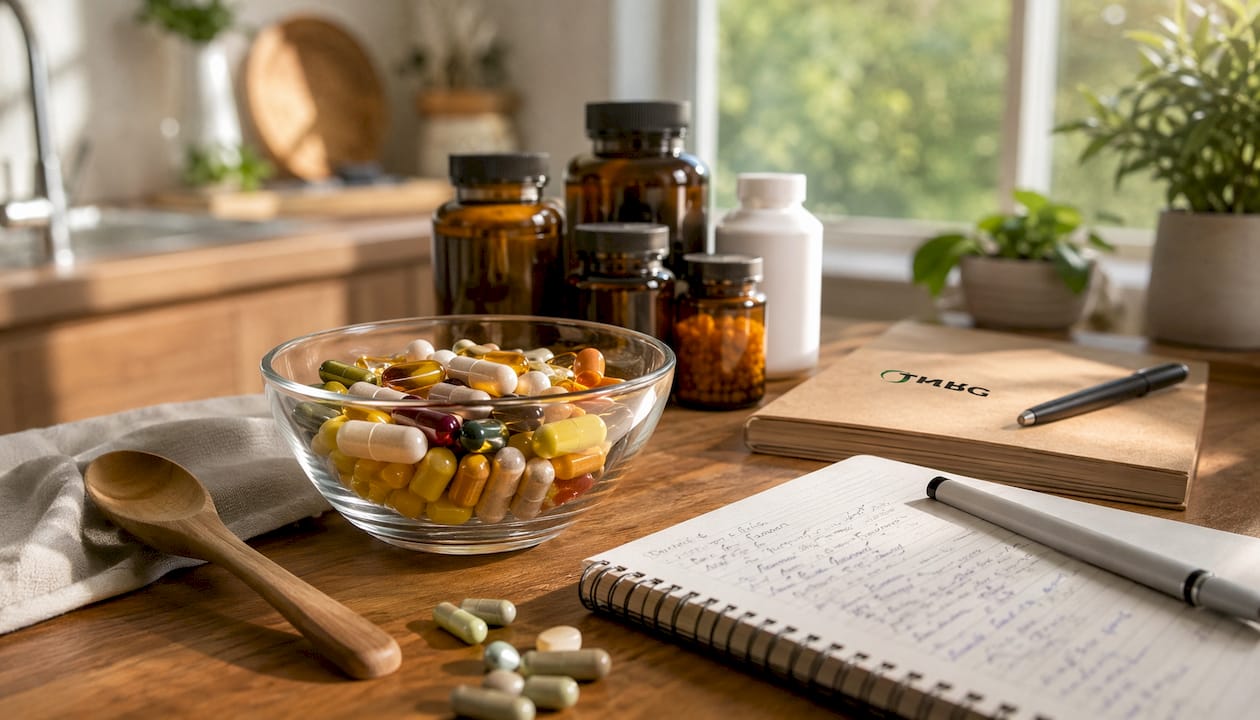 Close-up of supplements and open notebook