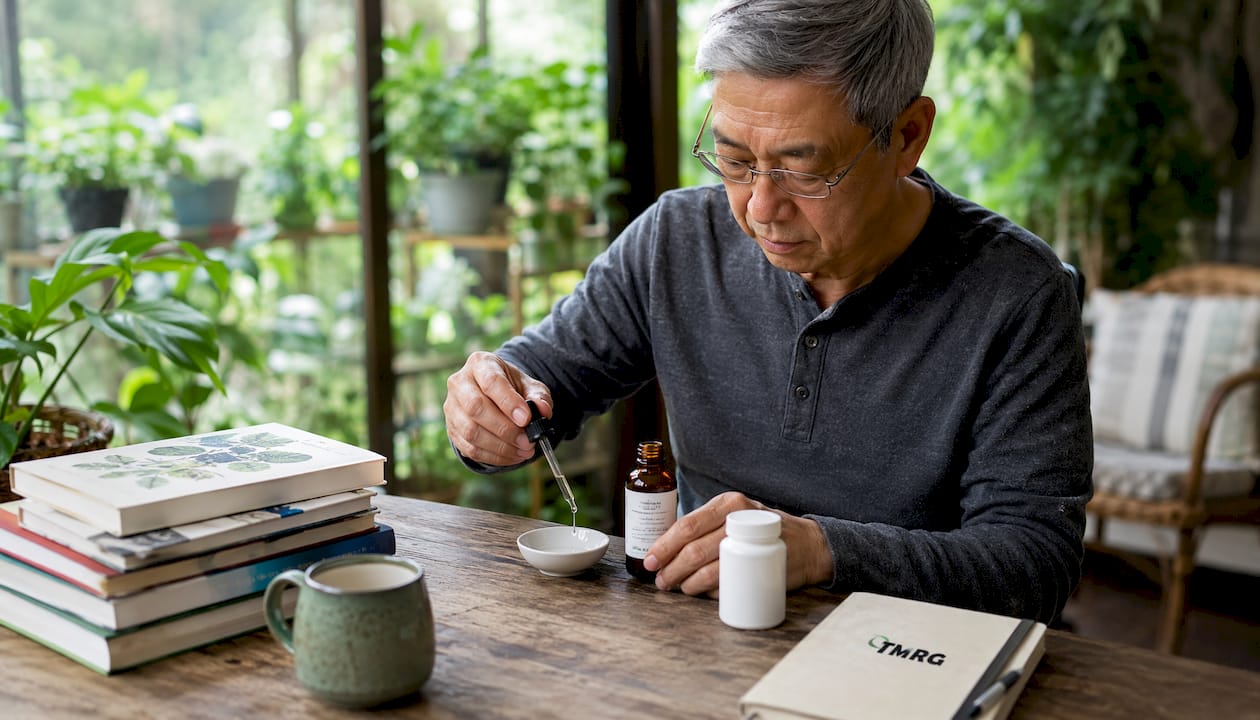Man preparing vitamin D oil at study desk