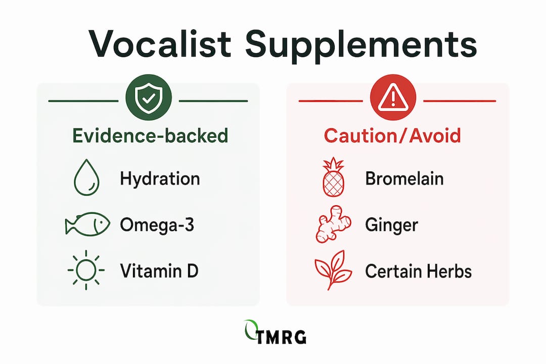 Infographic comparing vocal supplements with benefits and cautions