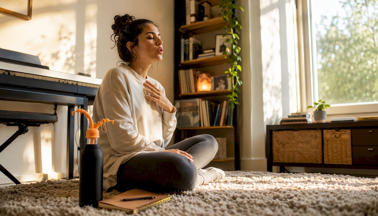Performer doing vocal warmup at home
