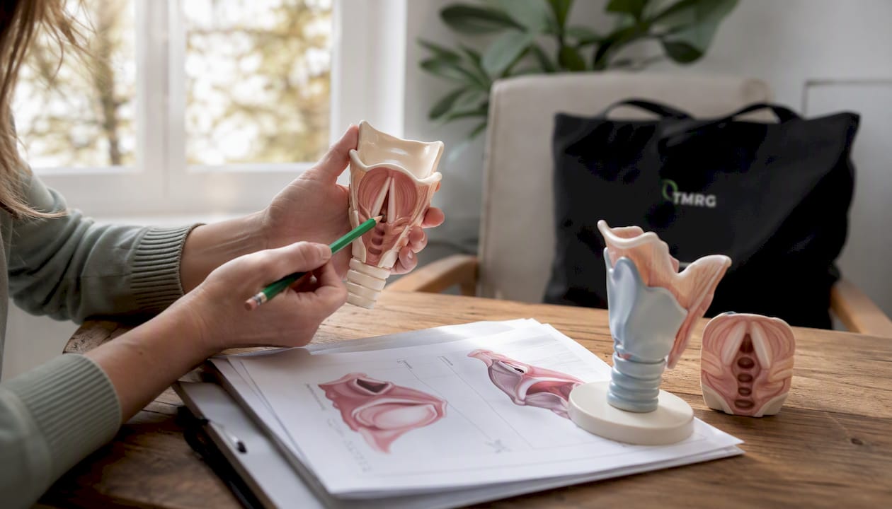 Hands showing vocal cord therapy with models