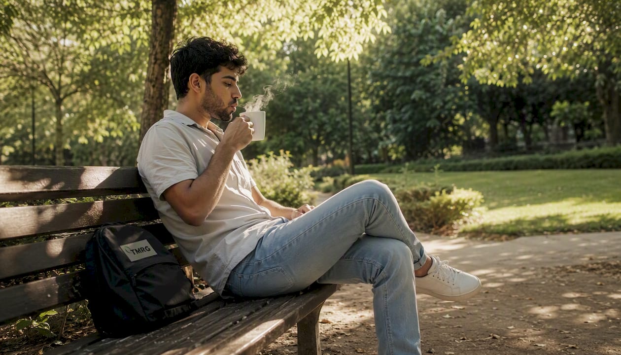 Man blowing on steaming tea to soothe throat