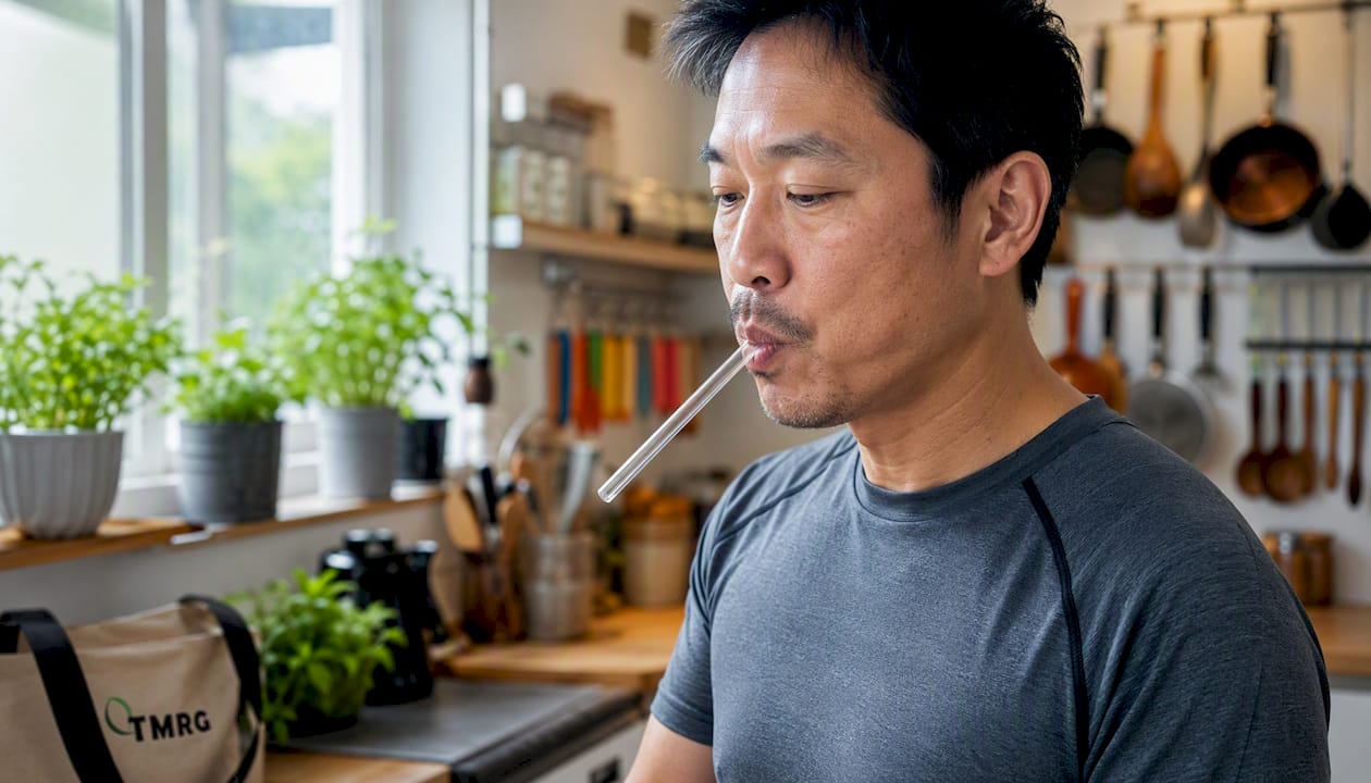 Voice actor practicing breath control with straw