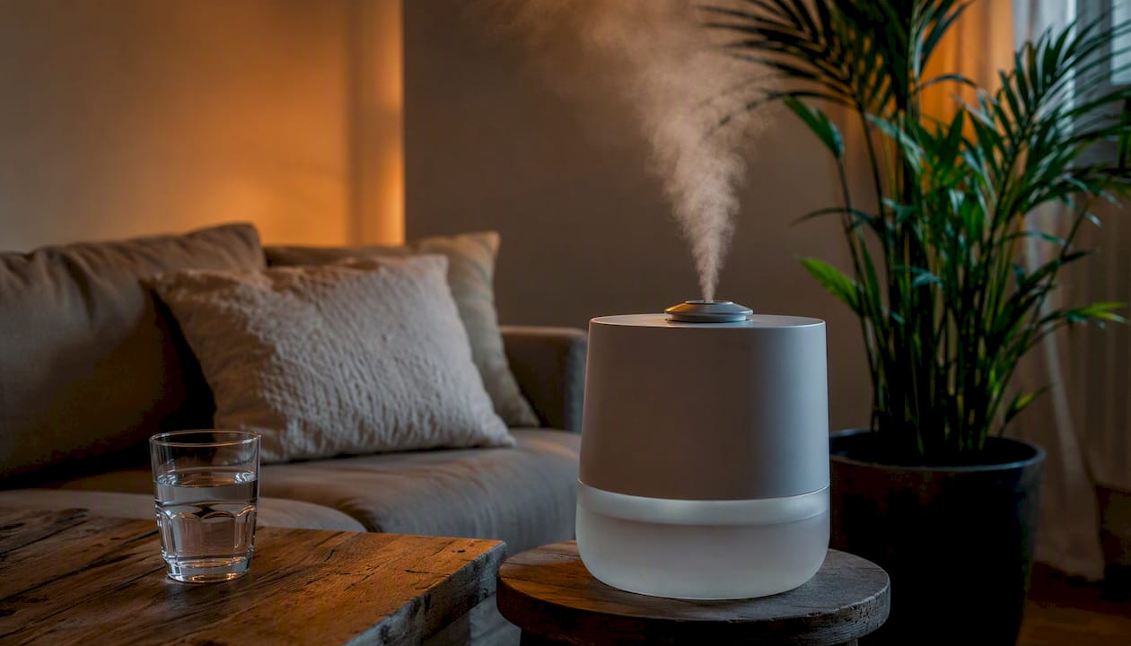 Humidifier mist rising with water glass nearby