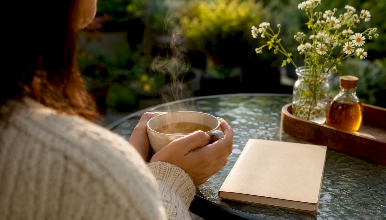 Hands holding steaming cup of herbal tea