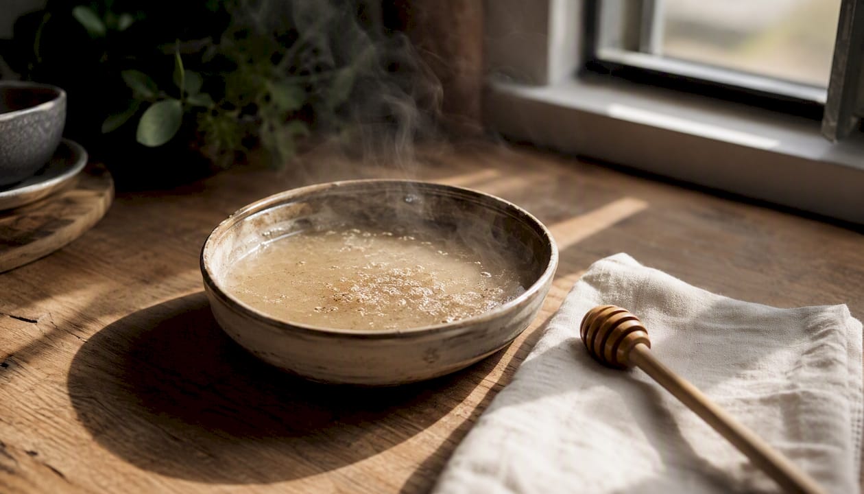 Warm bowl of slippery elm mucilage tea coating throat