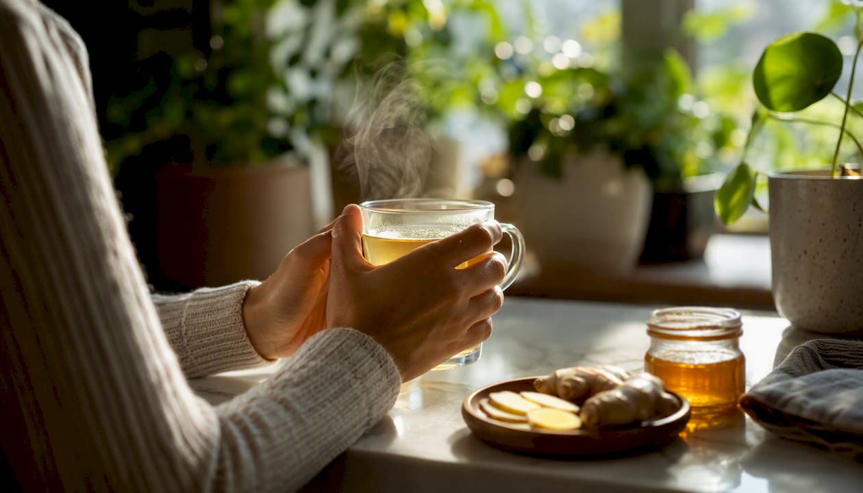 Person drinking warm herbal tea for voice care