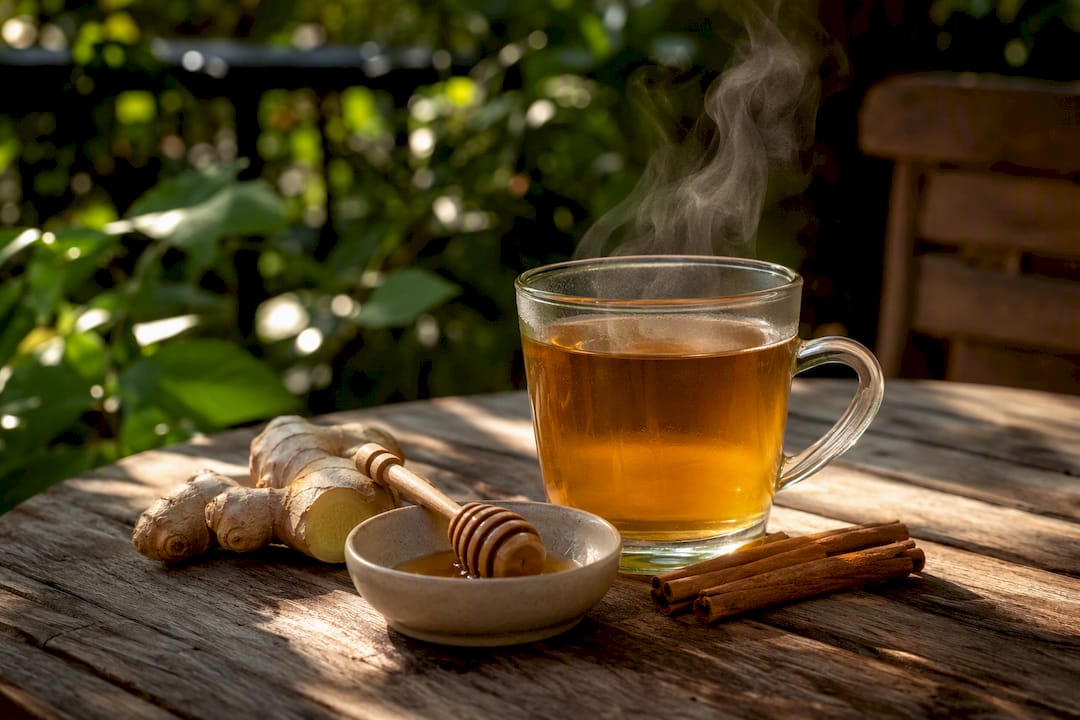 Glass cup of herbal honey tea with ginger and licorice