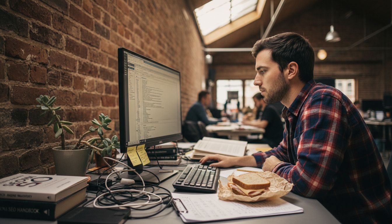 SEO specialist auditing website workspace