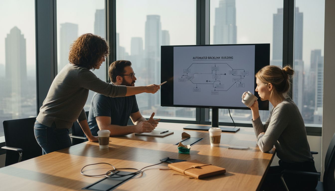 Team working on backlink strategies in corner office