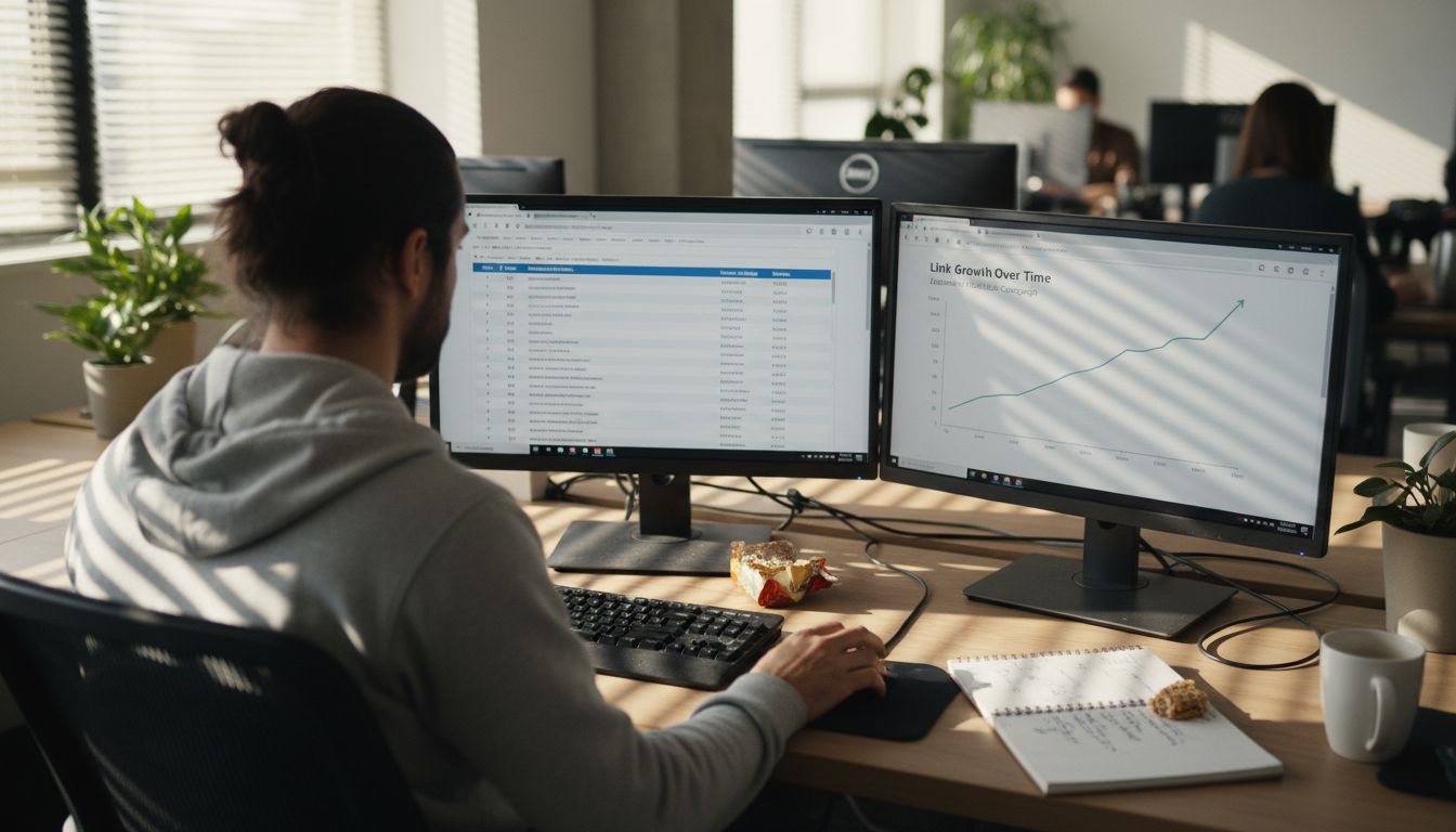 Analyst reviewing backlink automation software screens