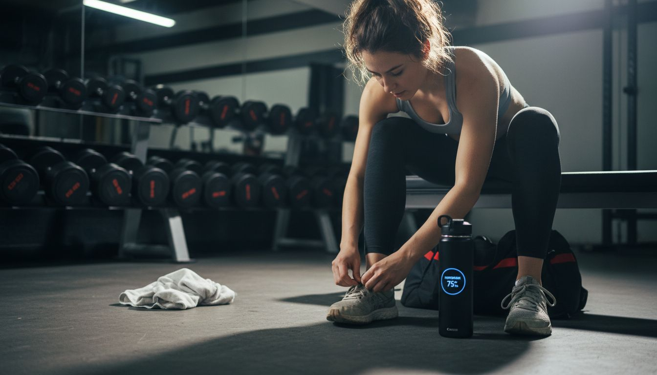 Smart water bottle on gym bench with user