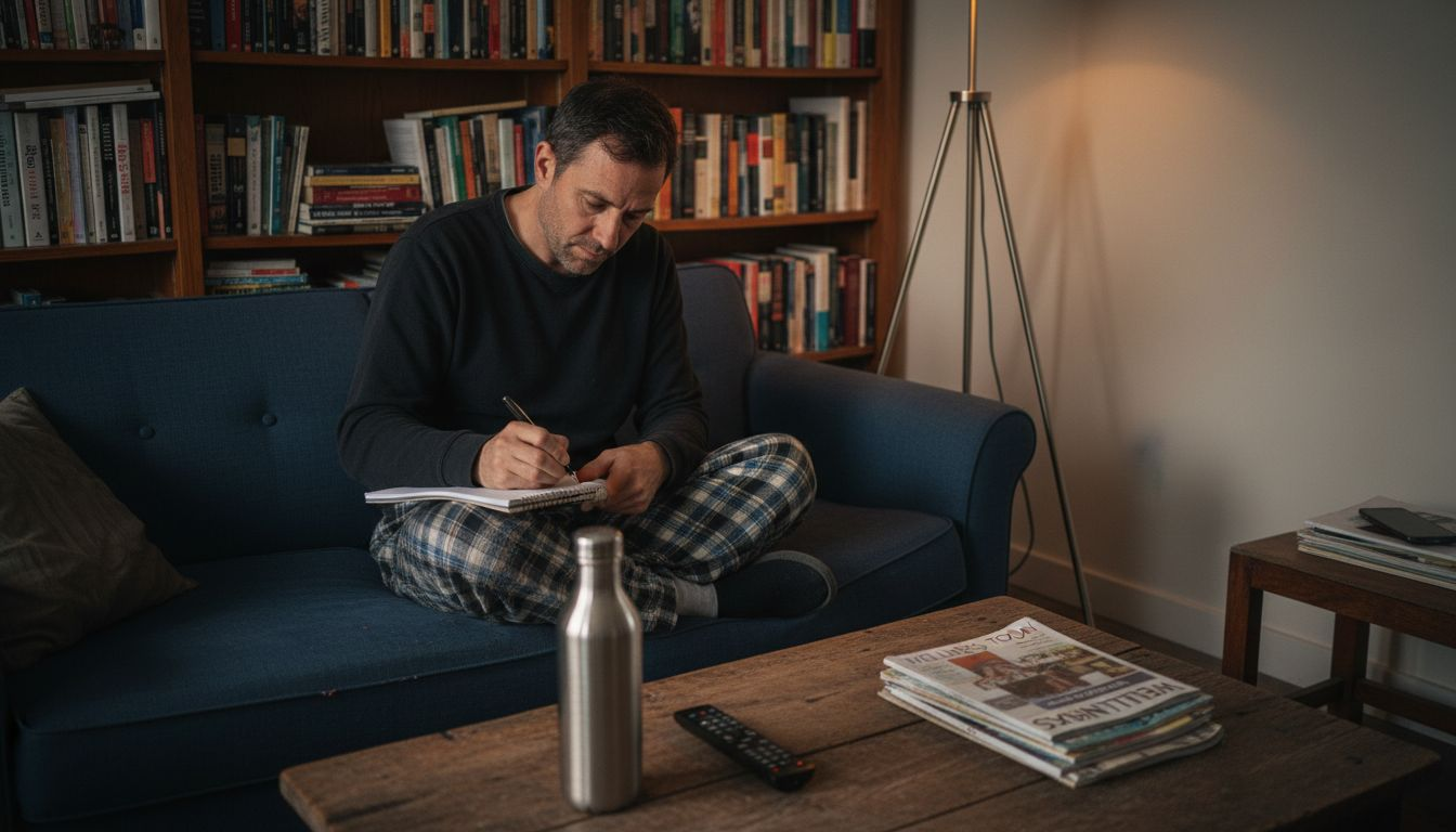 Man journaling wellness practices at home