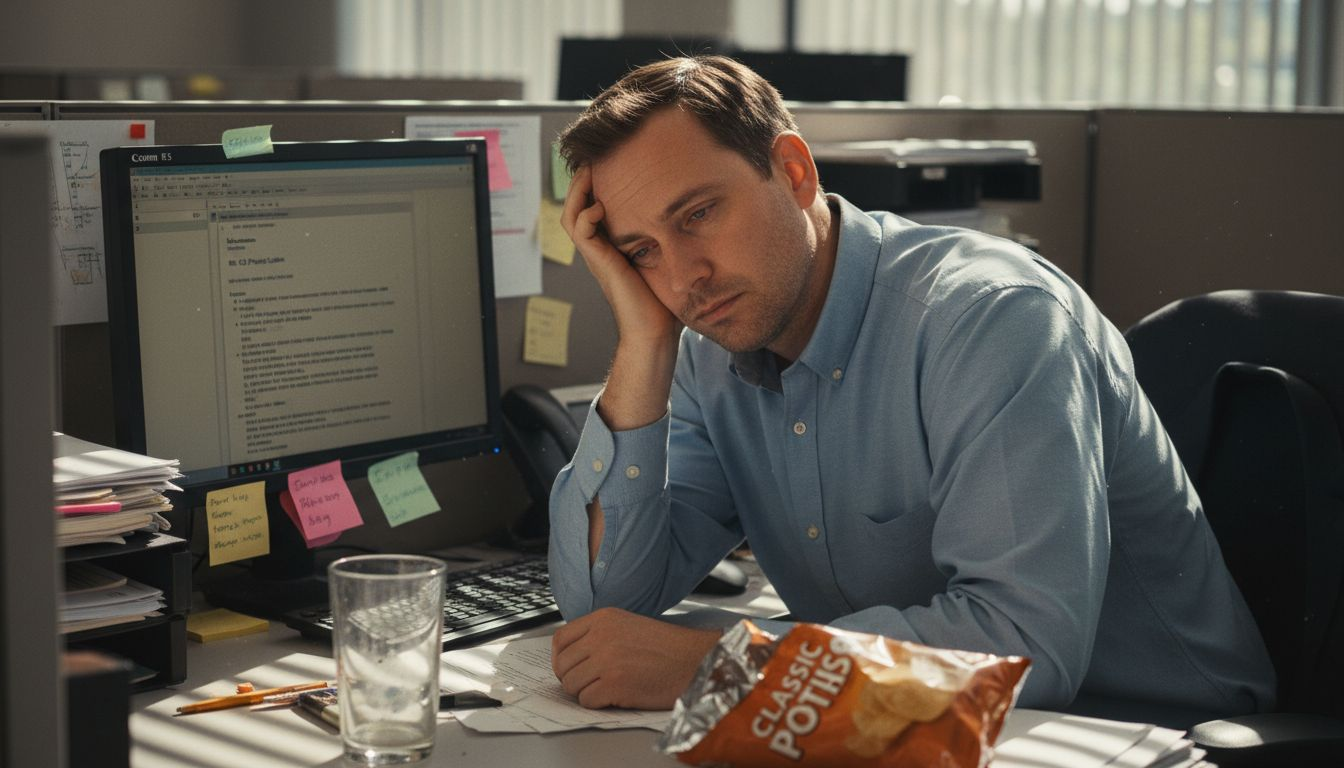 Dehydrated man fatigued at work desk