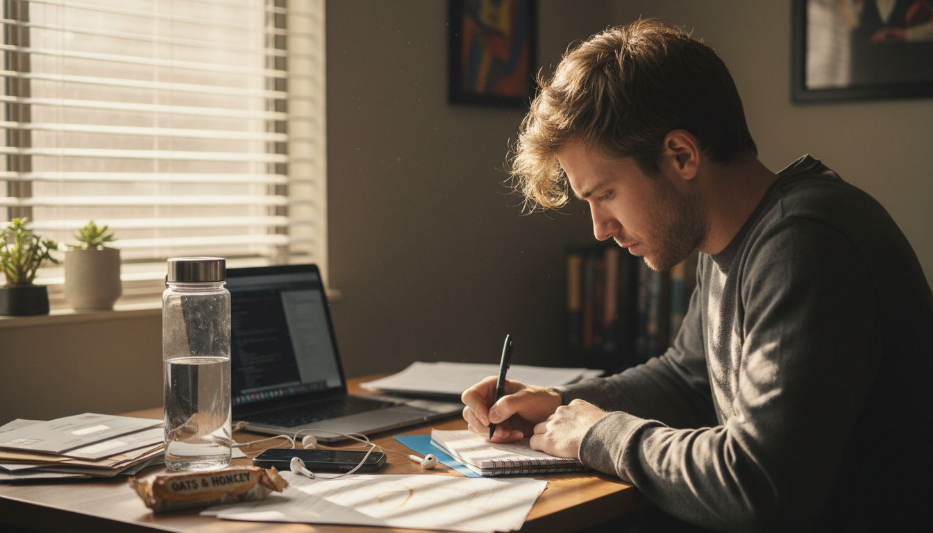 Man focusing at desk with water bottle nearby
