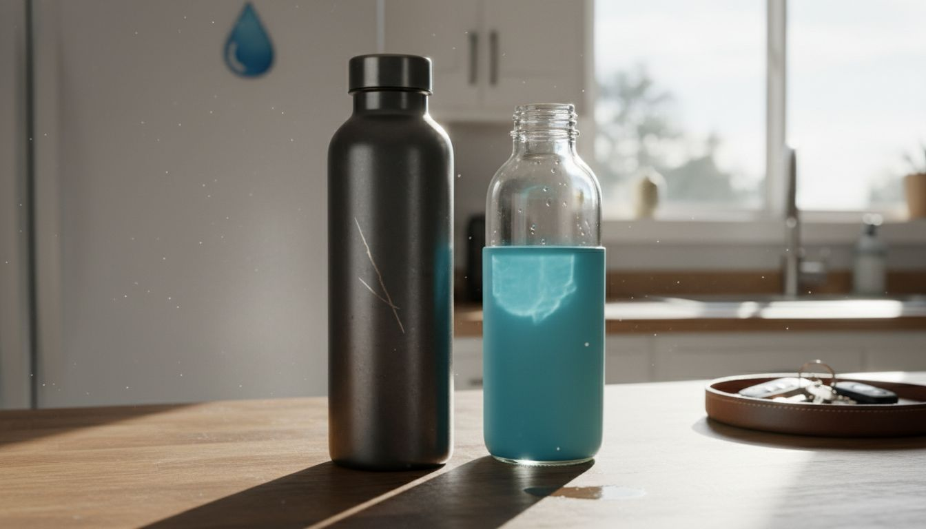 Stainless and glass bottles side by side on counter