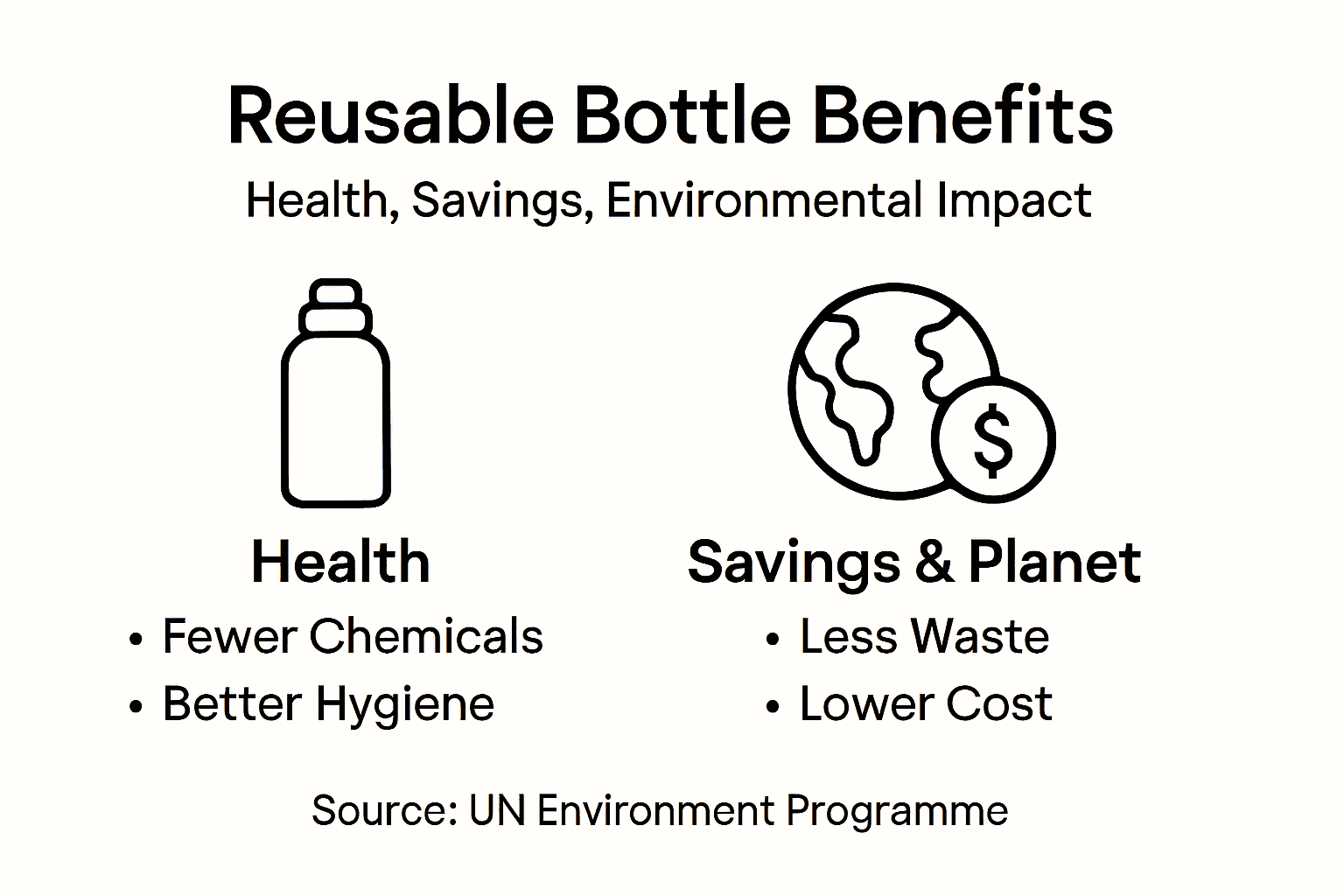 Infographic showing reusable bottle health, savings, environment