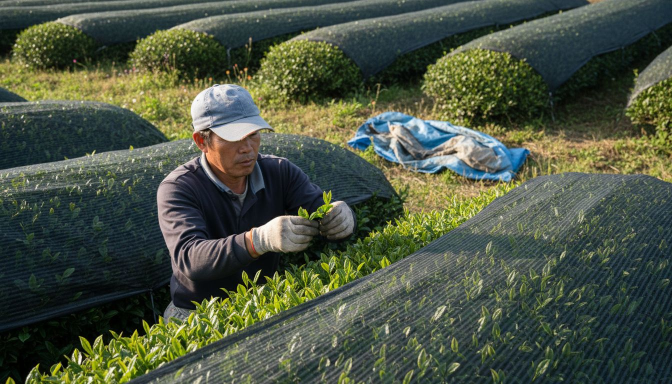 Farm worker checking matcha leaves under netting