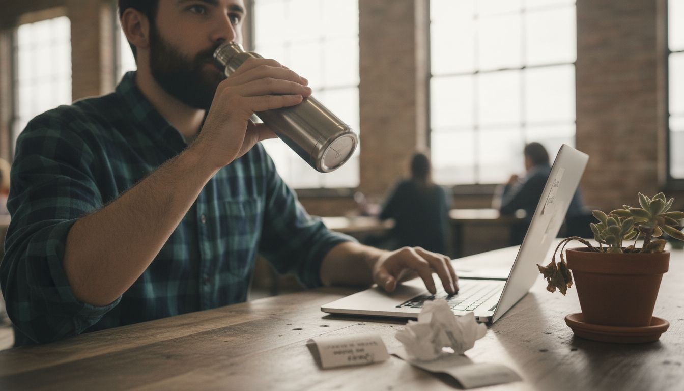 Man drinking from stainless bottle in workspace