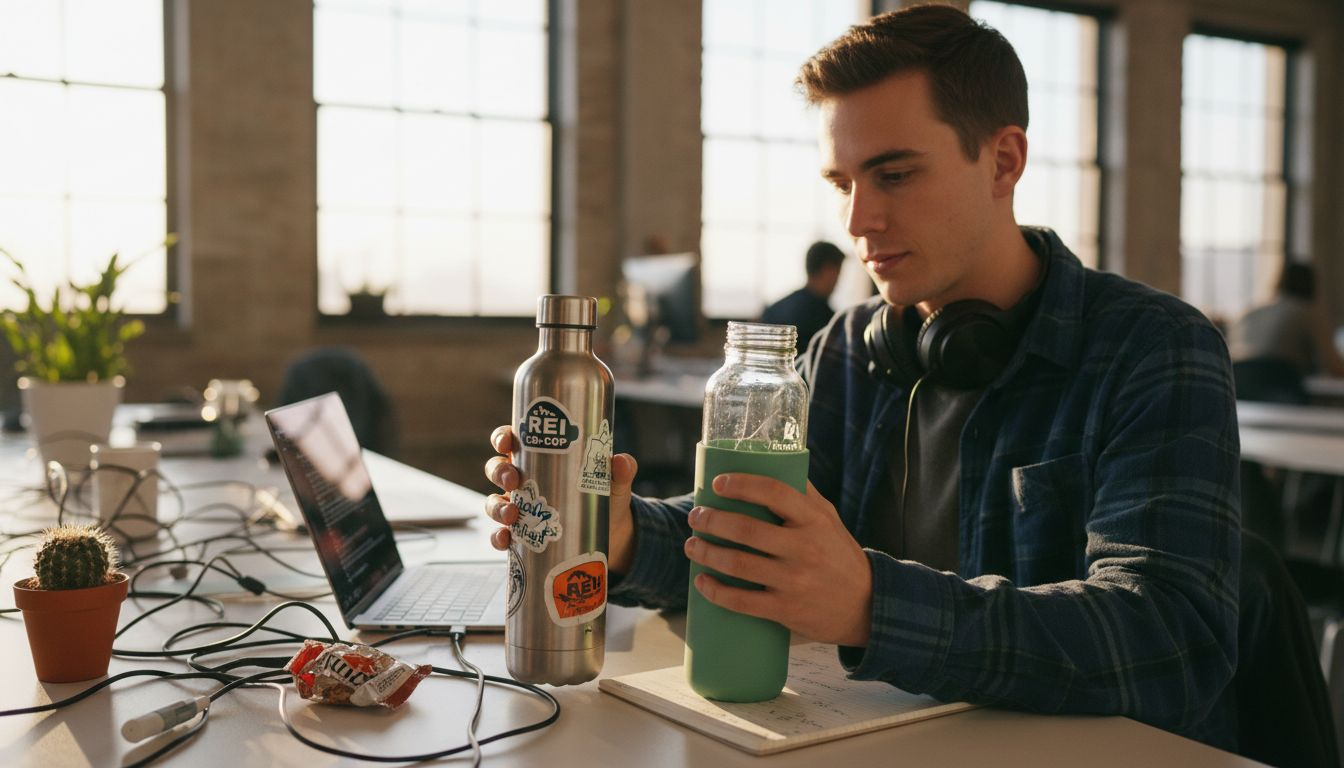 Man compares types of reusable water bottles
