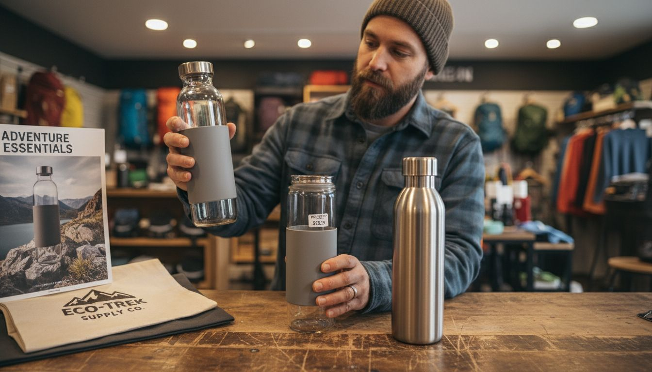 Man comparing reusable hydration bottle options