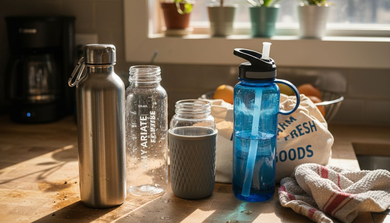 Four hydration bottles with different features on kitchen counter