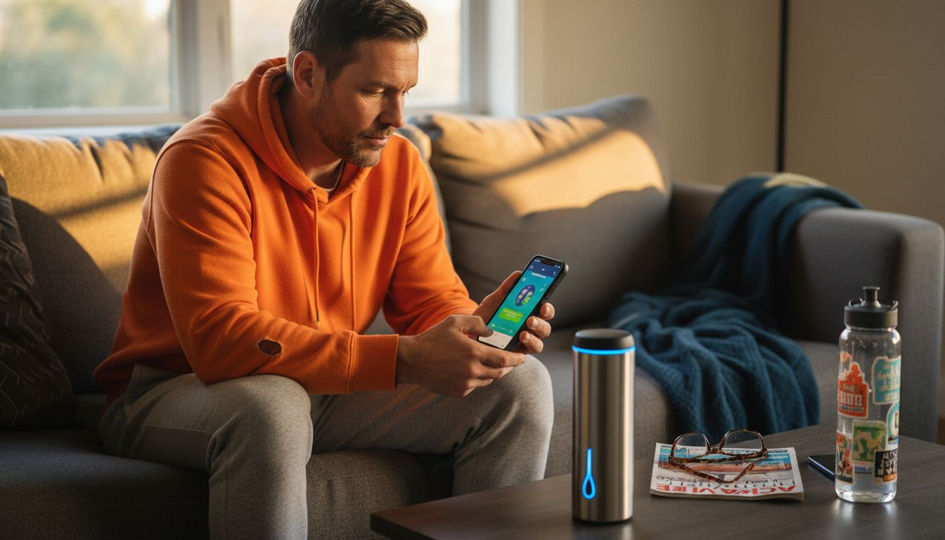 Man configuring smart hydration bottle at home