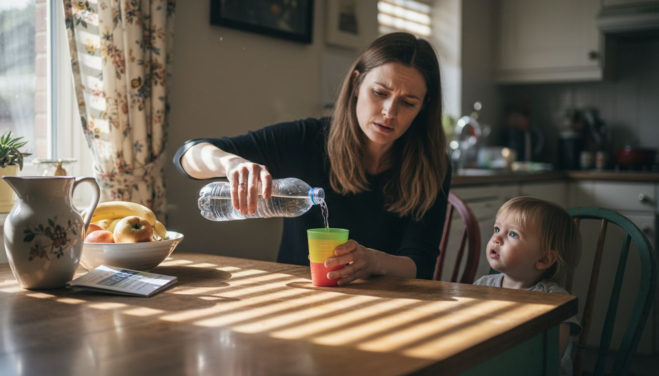 Mother pouring water from plastic bottle for child