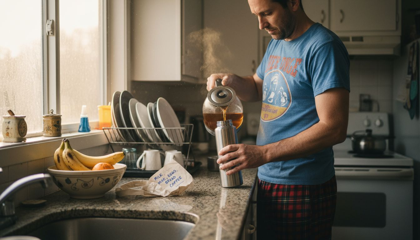 Man pouring tea into insulated bottle