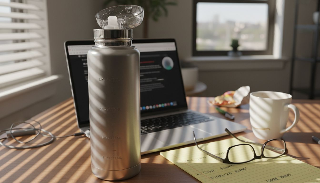 Insulated bottle with volume markings on busy desk