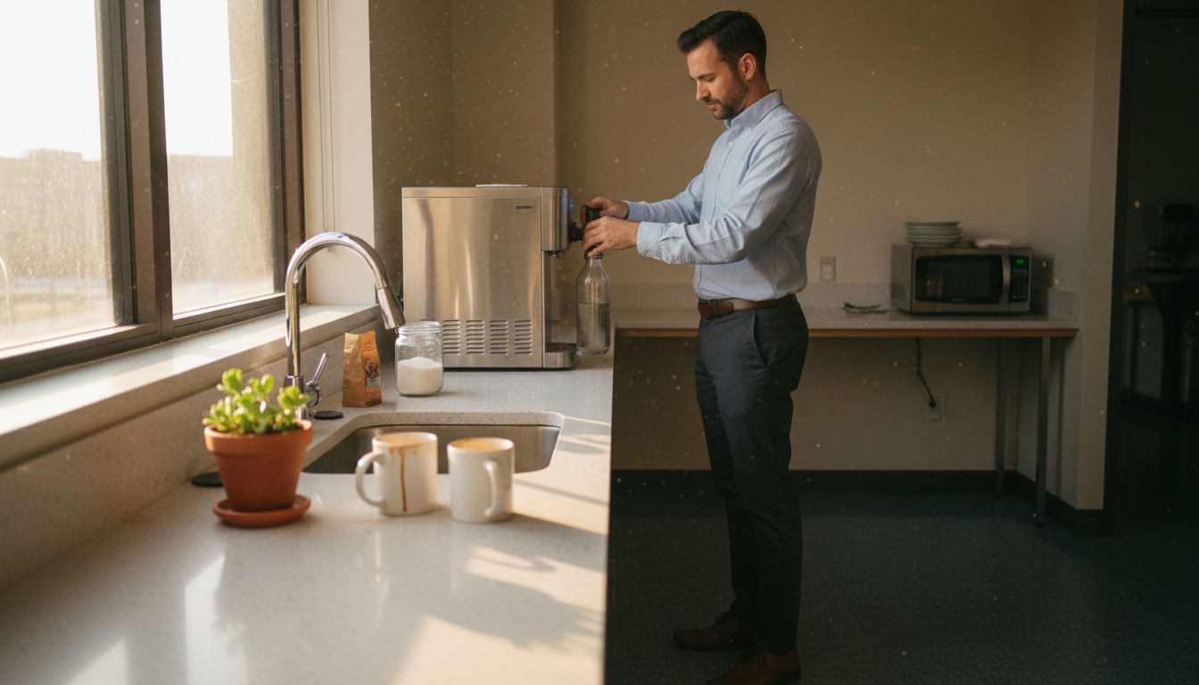 Man refilling glass bottle in office break room