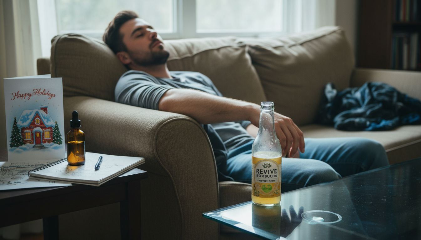 Man unwinding with kombucha amid holiday clutter