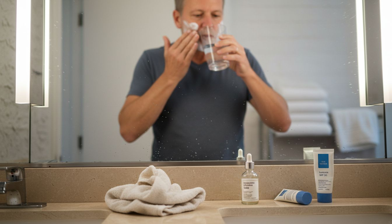 Man applying moisturizer and drinking water