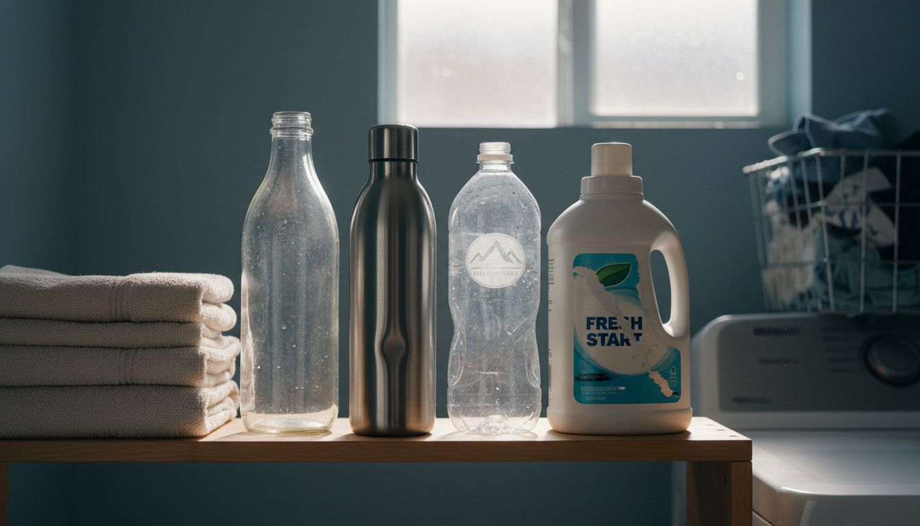 Shelf with glass, steel, plastic bottles lined up
