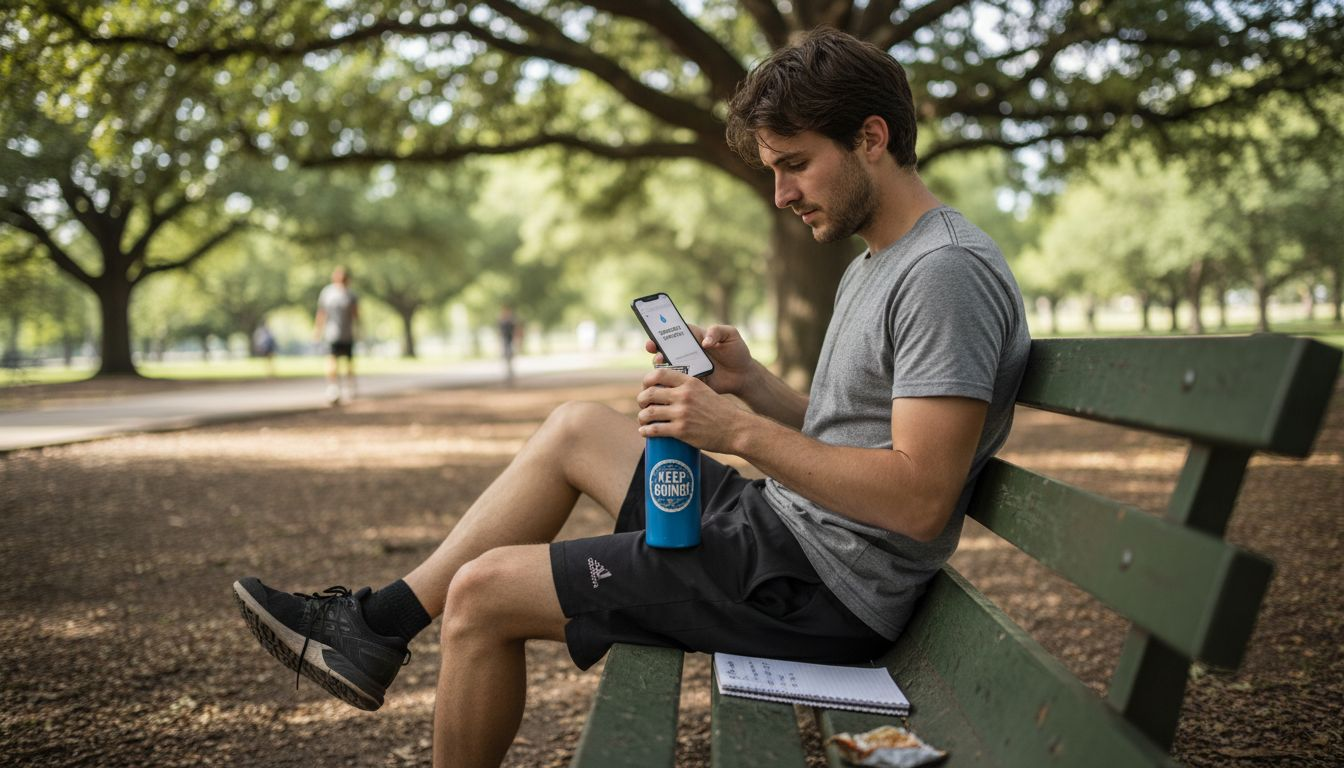 Jogger logging water intake on phone