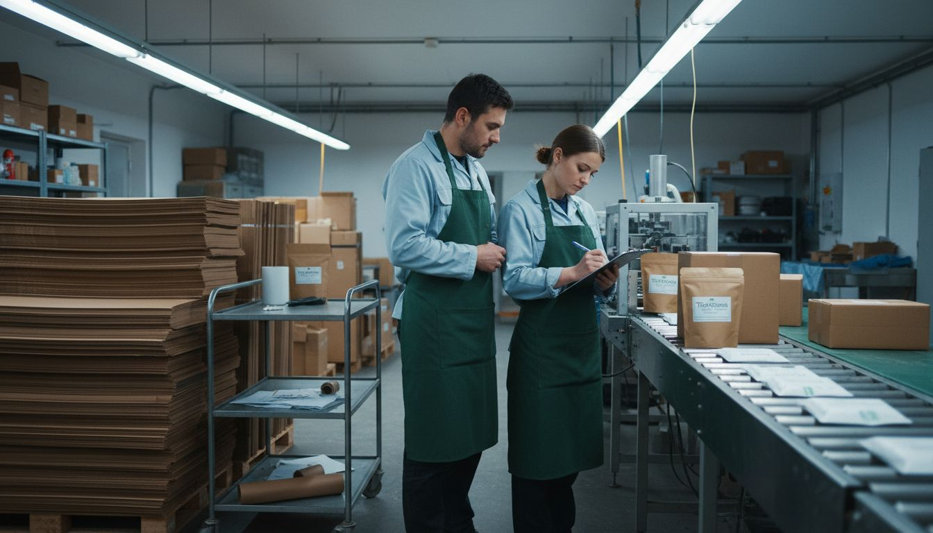 Workers monitor sustainable packaging production line
