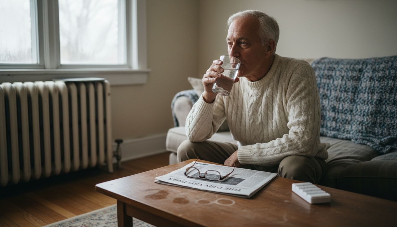 Elderly man staying hydrated in winter indoors