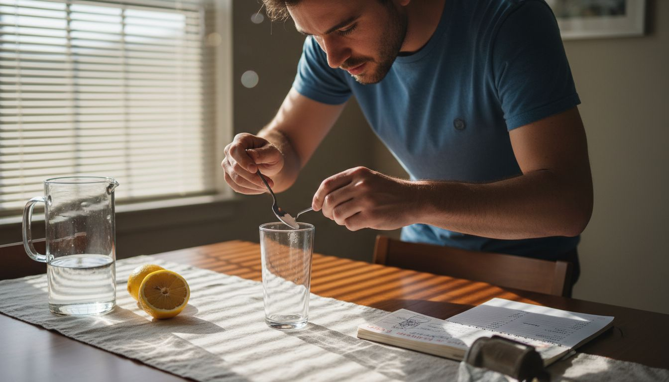 Man preparing functional drink with kitchen tools