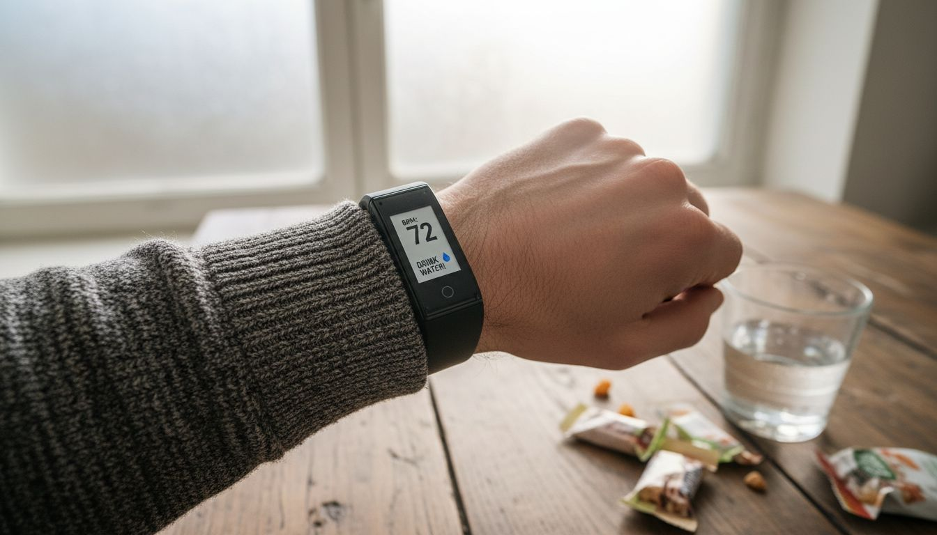Fitness tracker on wrist in kitchen
