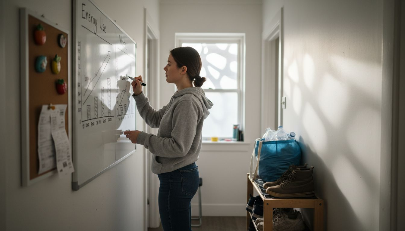 Woman updating home sustainability tracking board