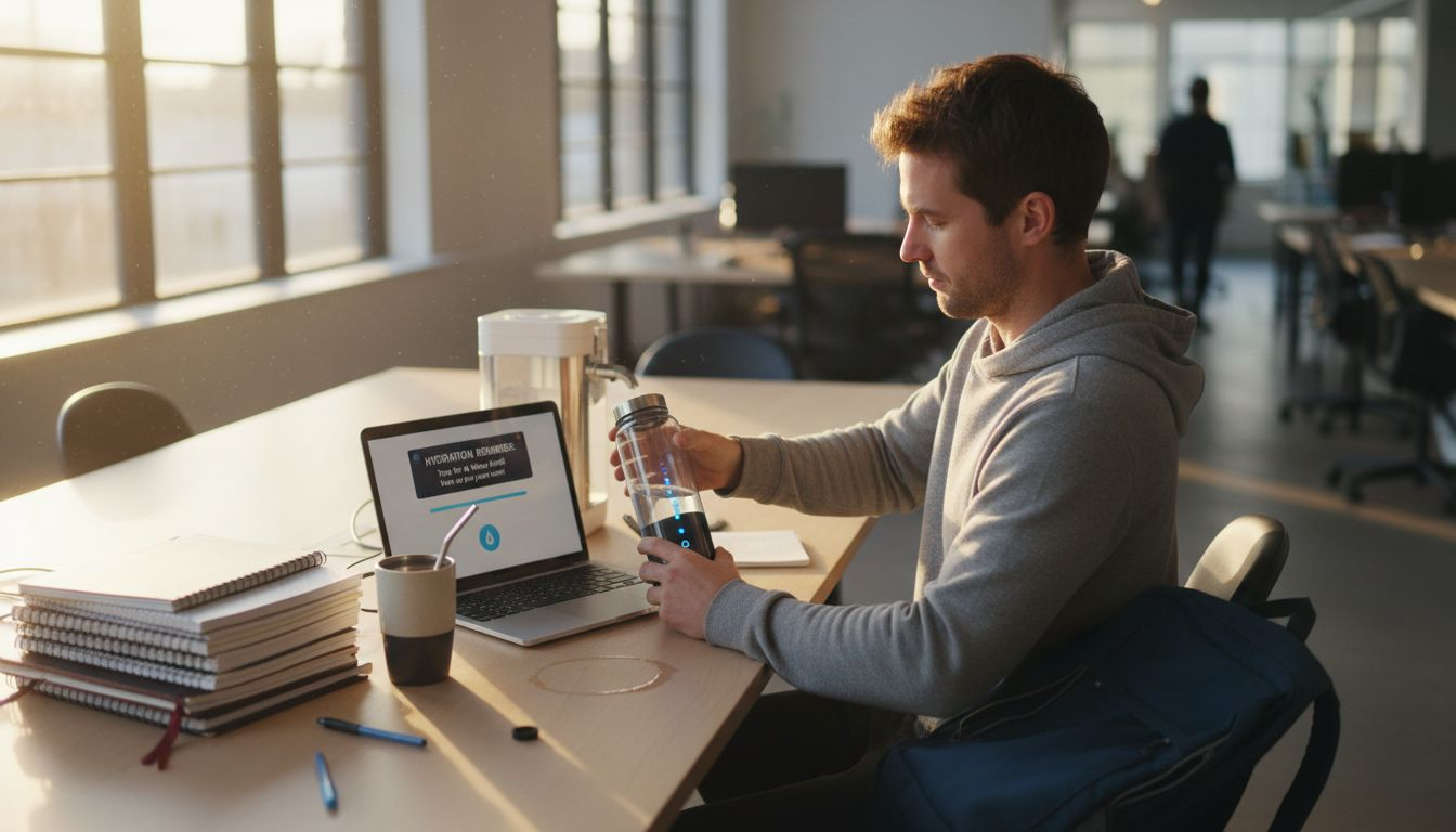 Man refilling smart water bottle at desk