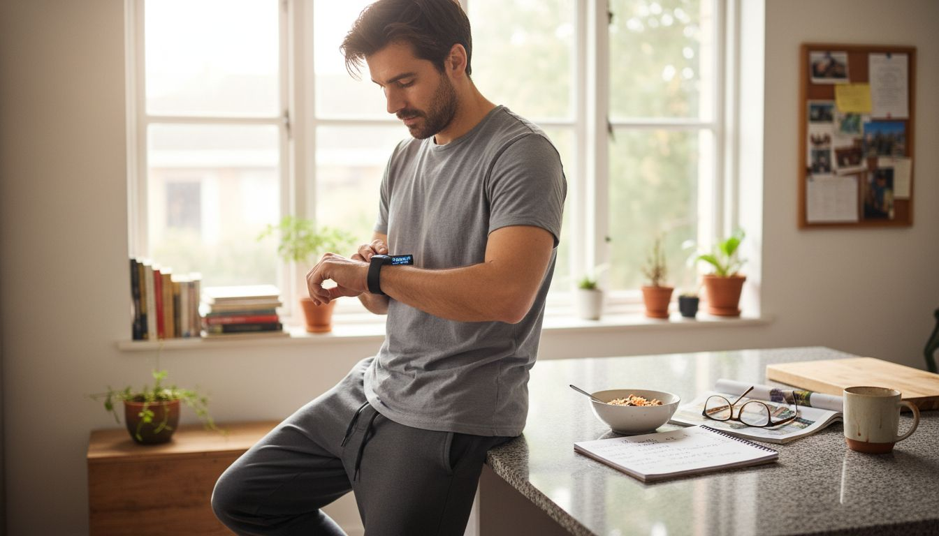 Man reviews wellness data in kitchen setting