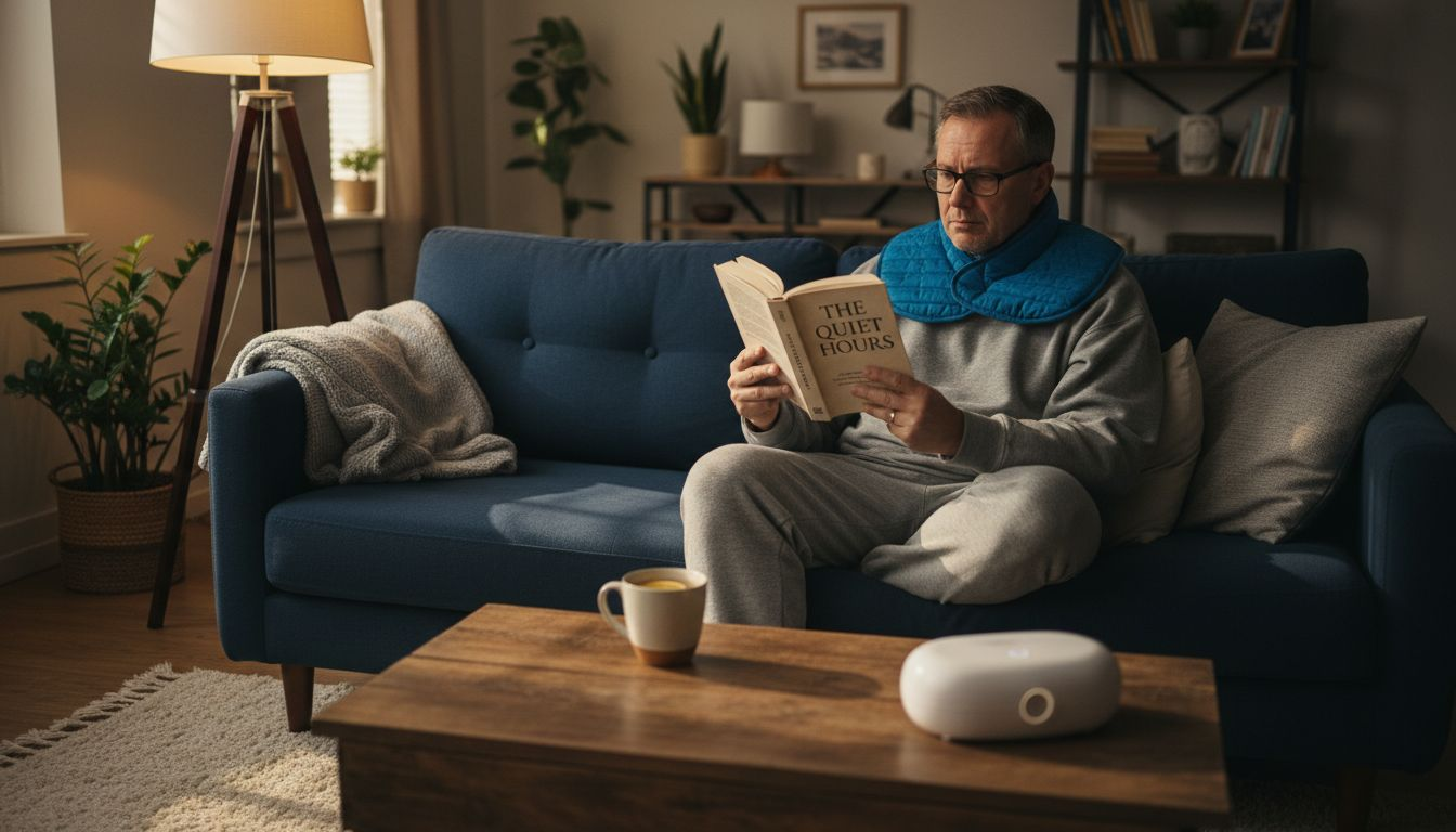 Man relaxing with heated neck wrap and tea