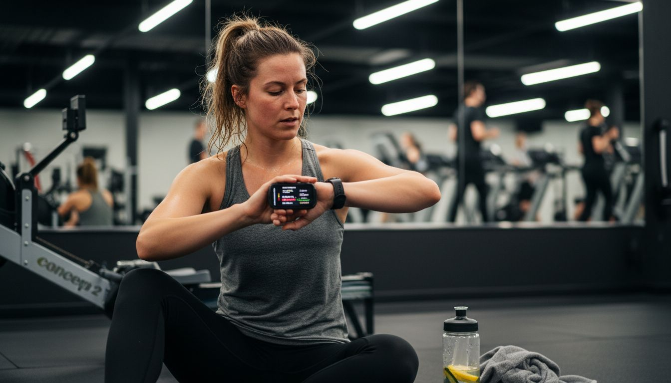Woman using wearable hydration tracker at gym