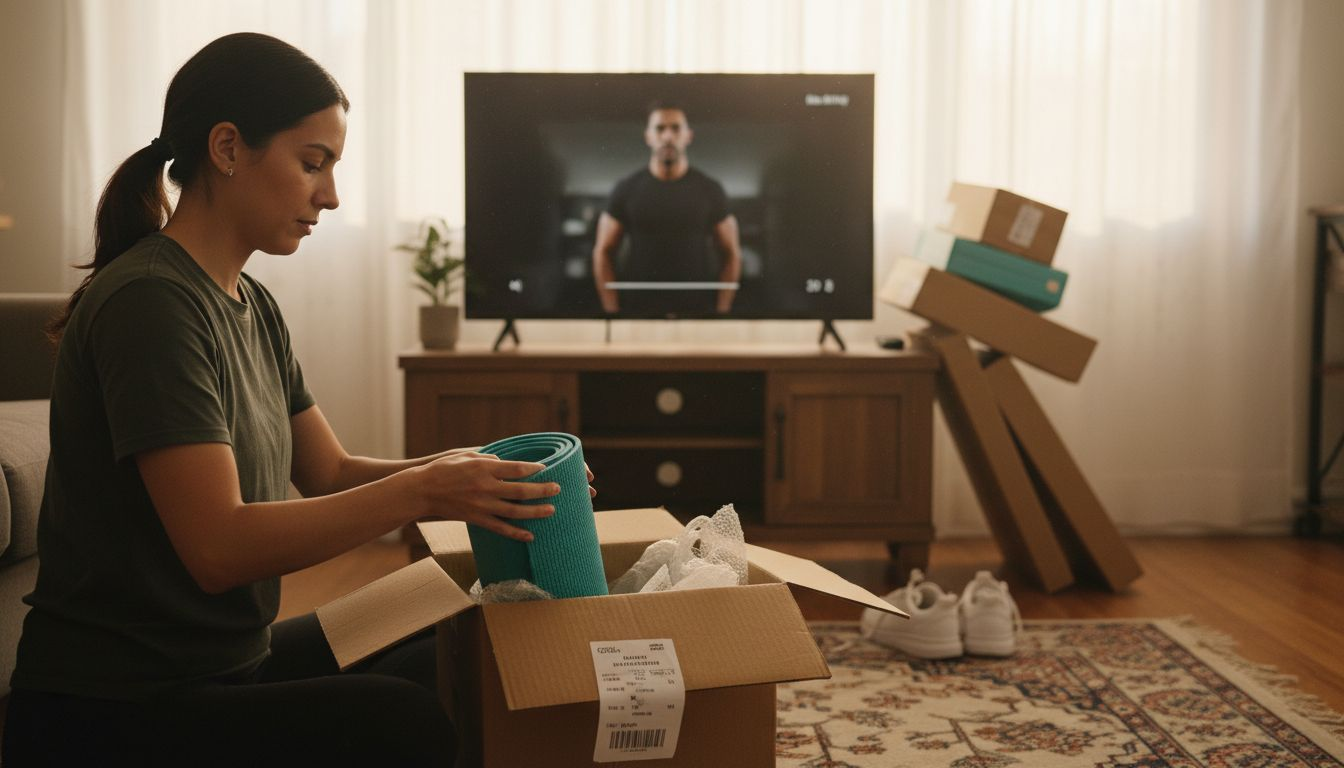 Unboxing discounted yoga mat in living room