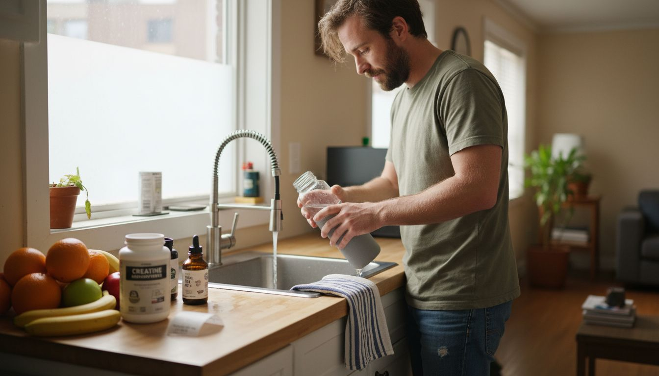 Man preparing hydration wellness products in kitchen