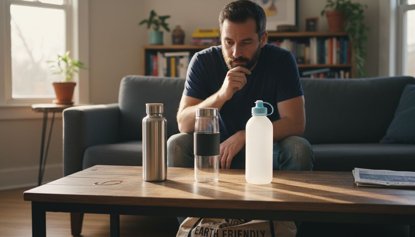 Man comparing stainless, glass, and plastic water bottles
