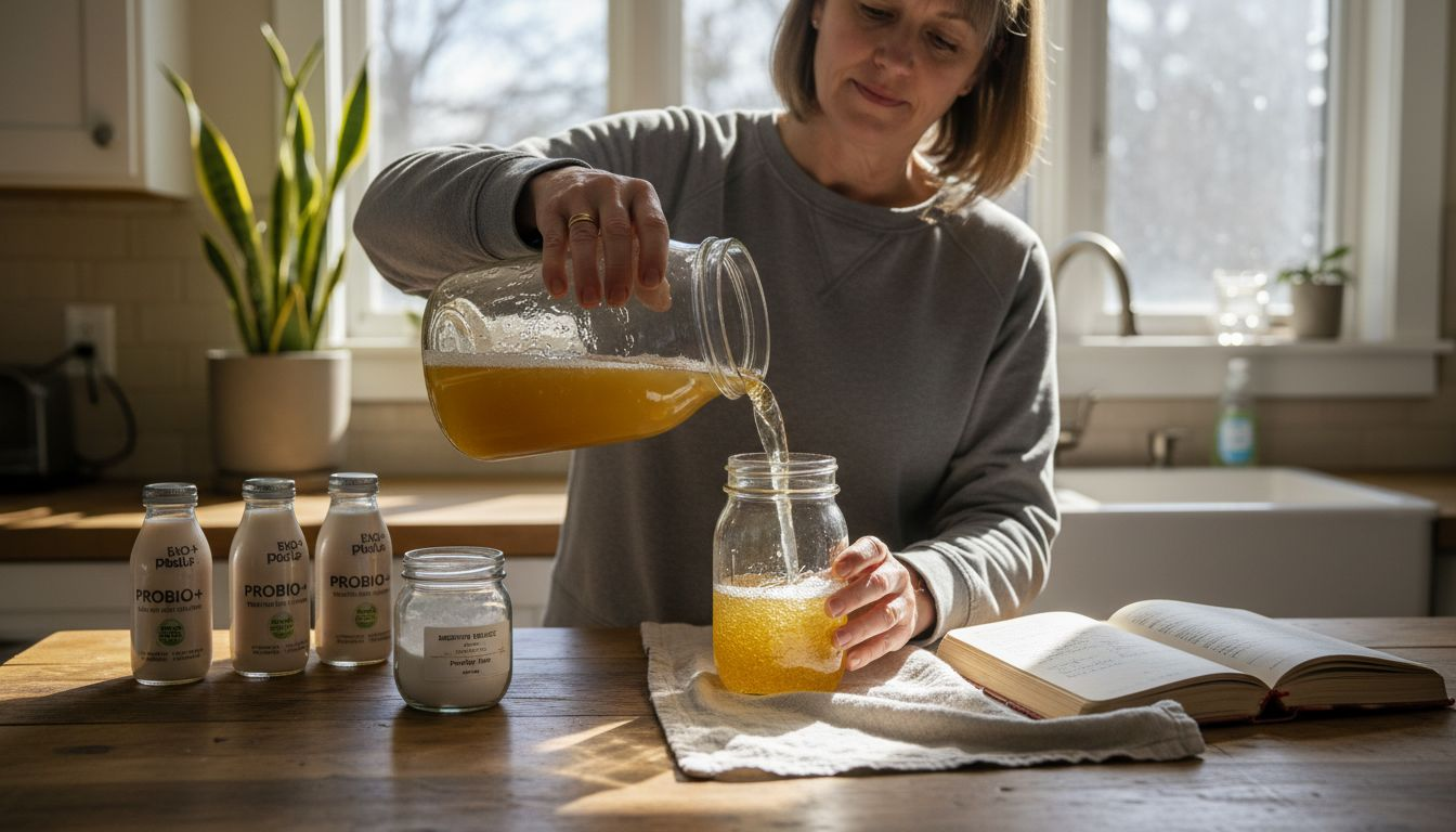 Woman preparing probiotic drink in kitchen